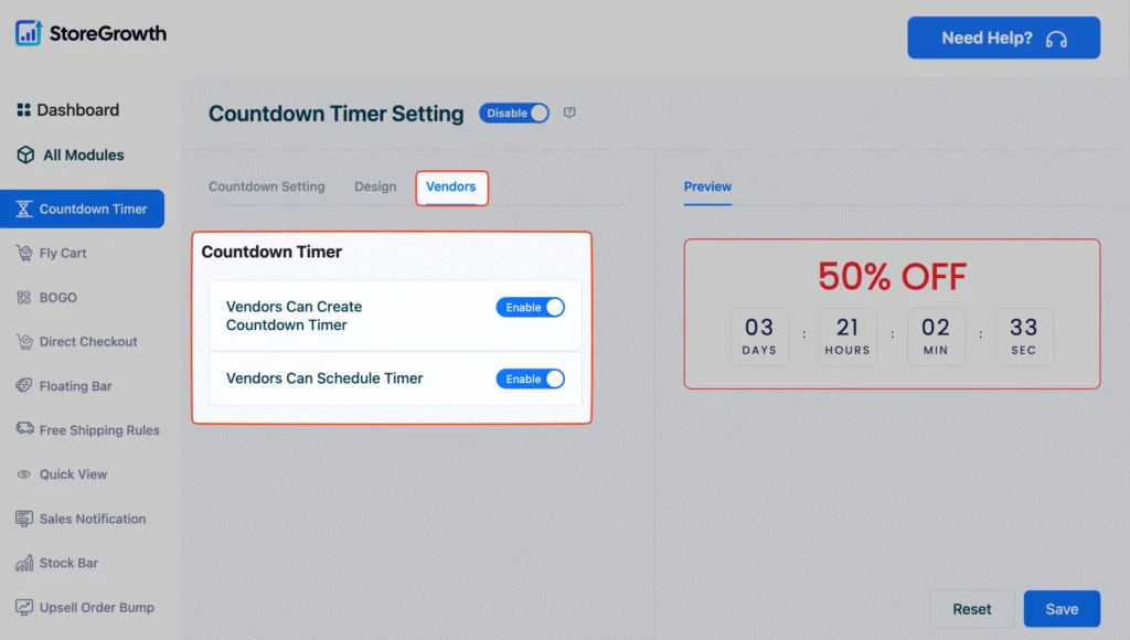This image highlights the countdown timer settings in StoreGrowth