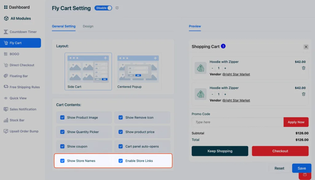 This image highlights the new Fly Cart Vendor settings in StoreGrowth