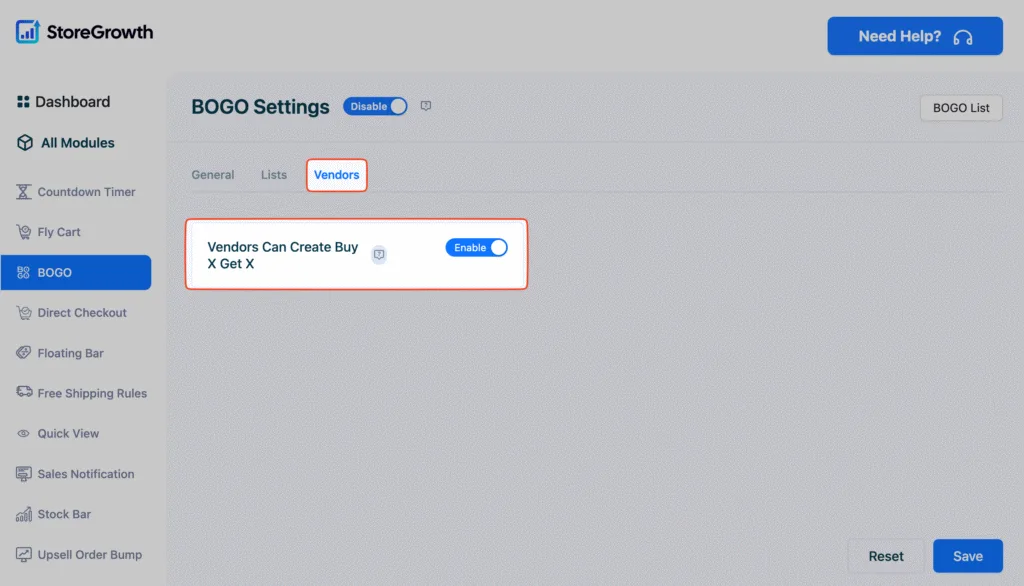 This image shows the BOGO Settings in StoreGrowth Dashboard