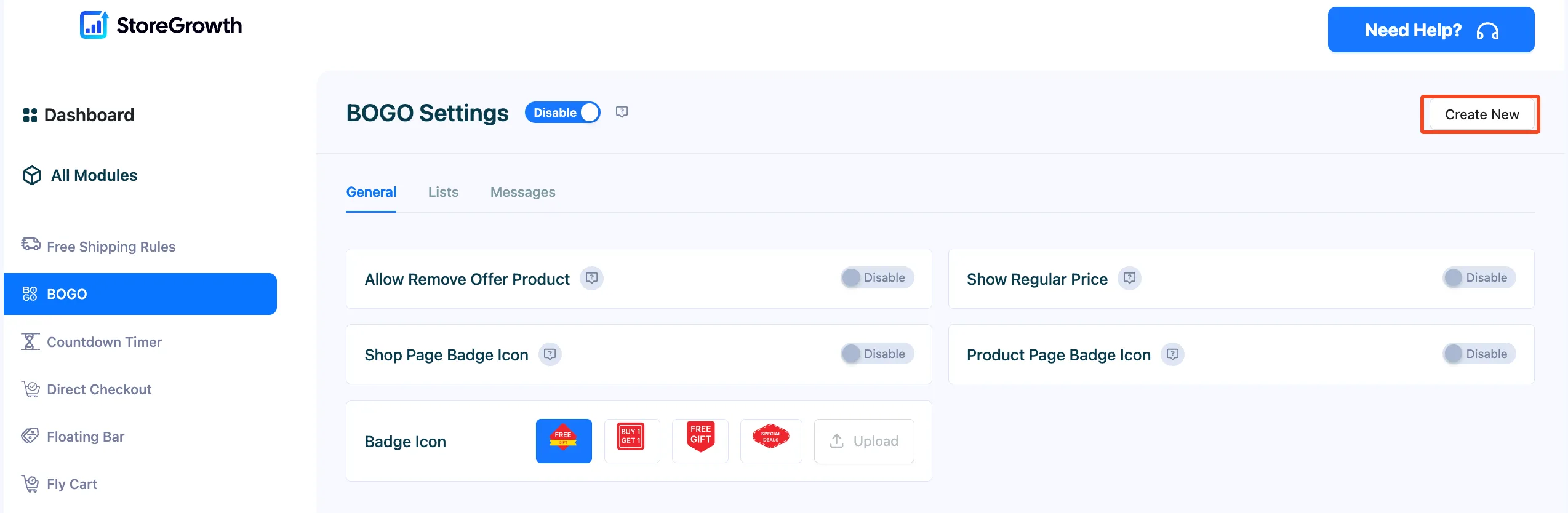 BOGO Settings Page StoreGrowth