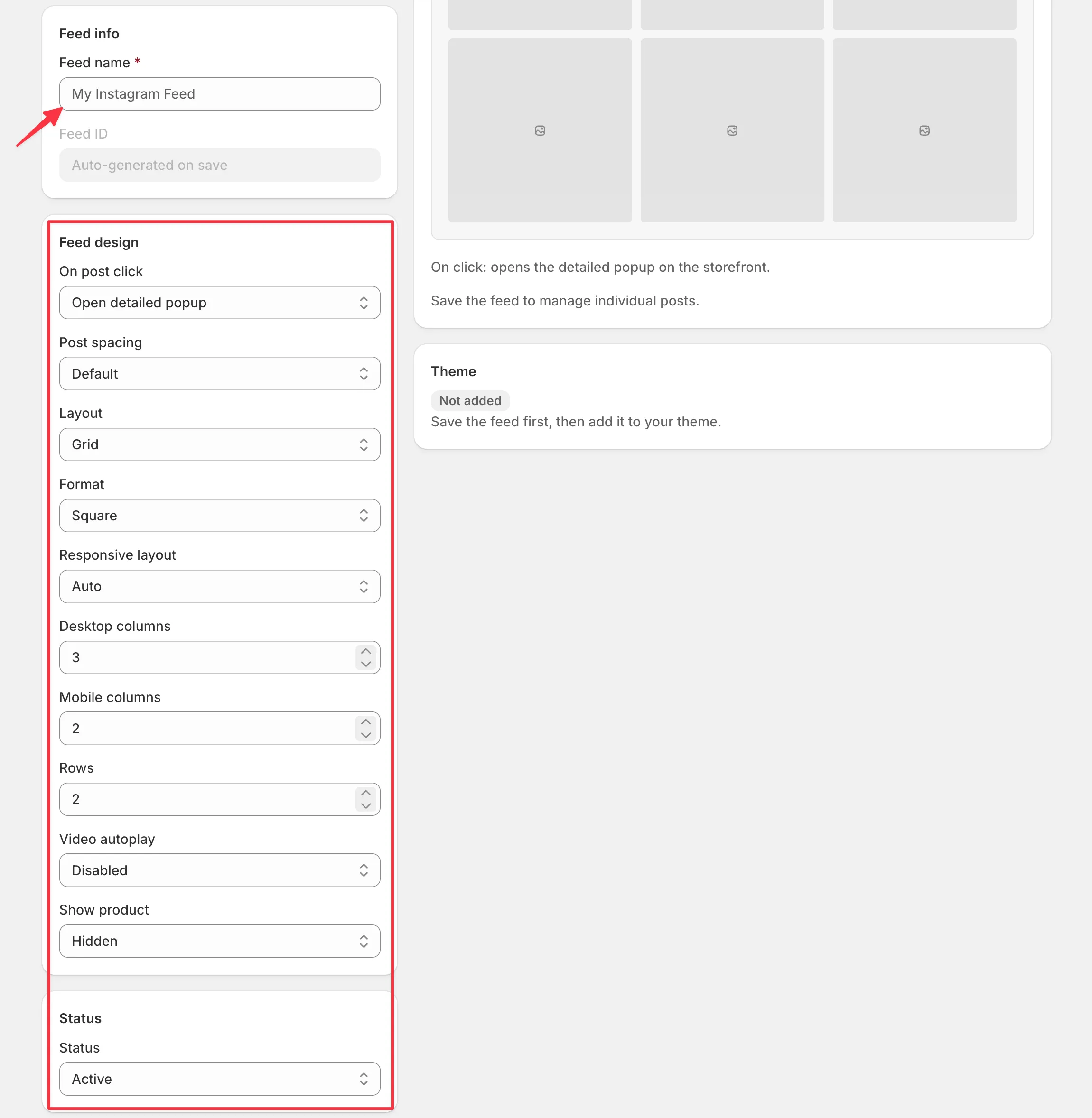 Feed settings option of feedpulse