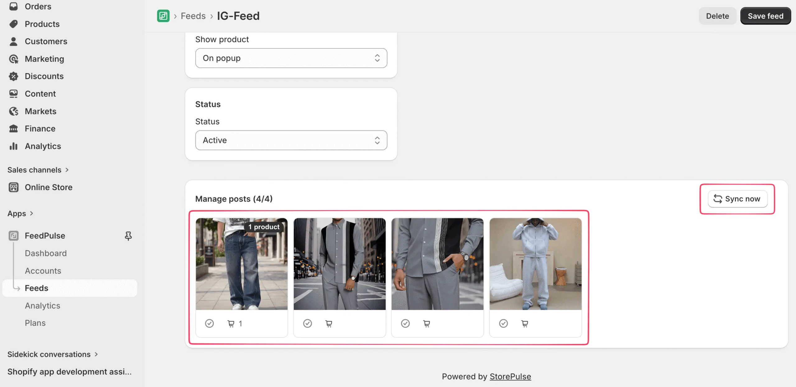 The Manage posts section with the Sync now button highlighted.Use Sync now to pull your latest posts right away.