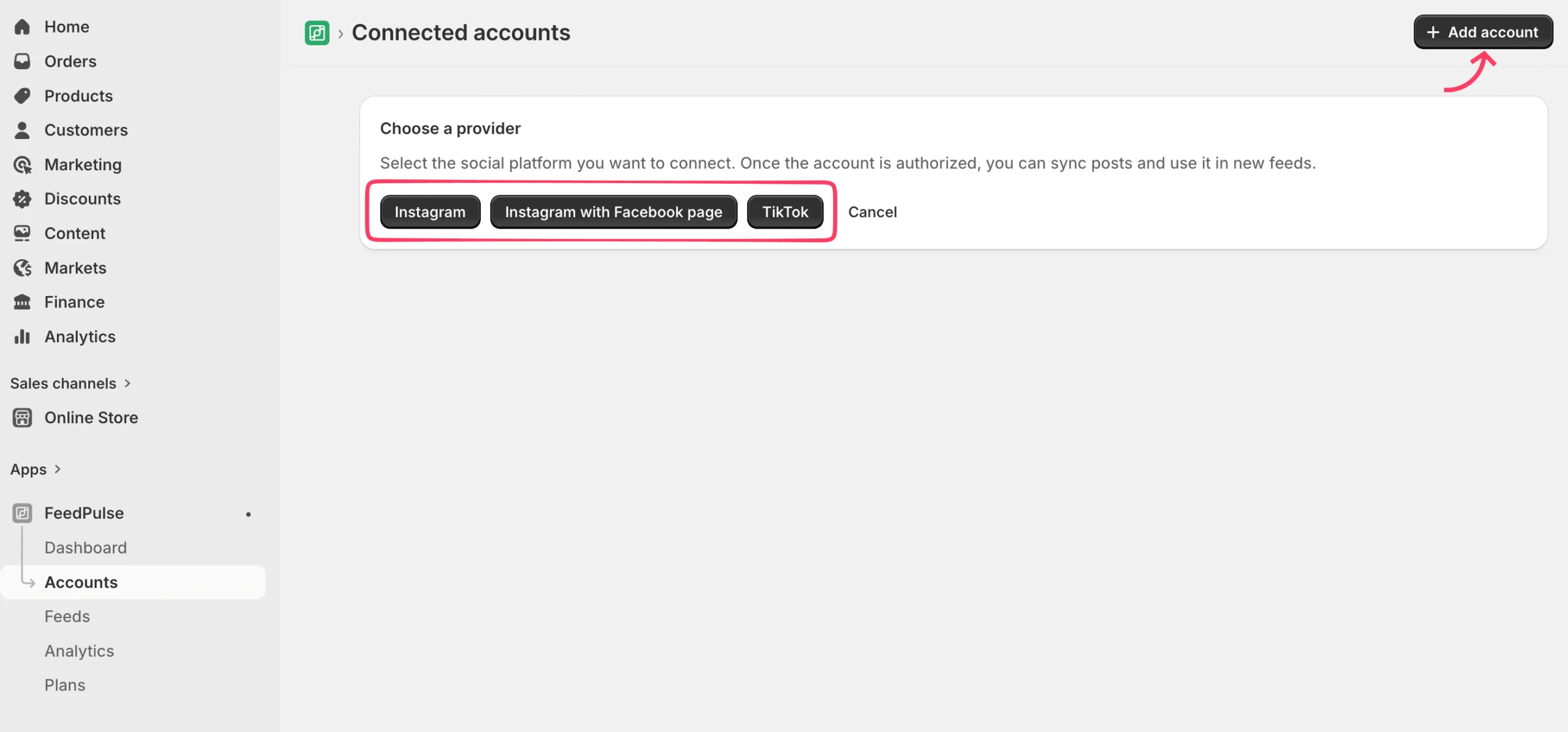 The Add account modal showing the Instagram, Instagram with Facebook Page, and TikTok options.Pick the option that matches your account.