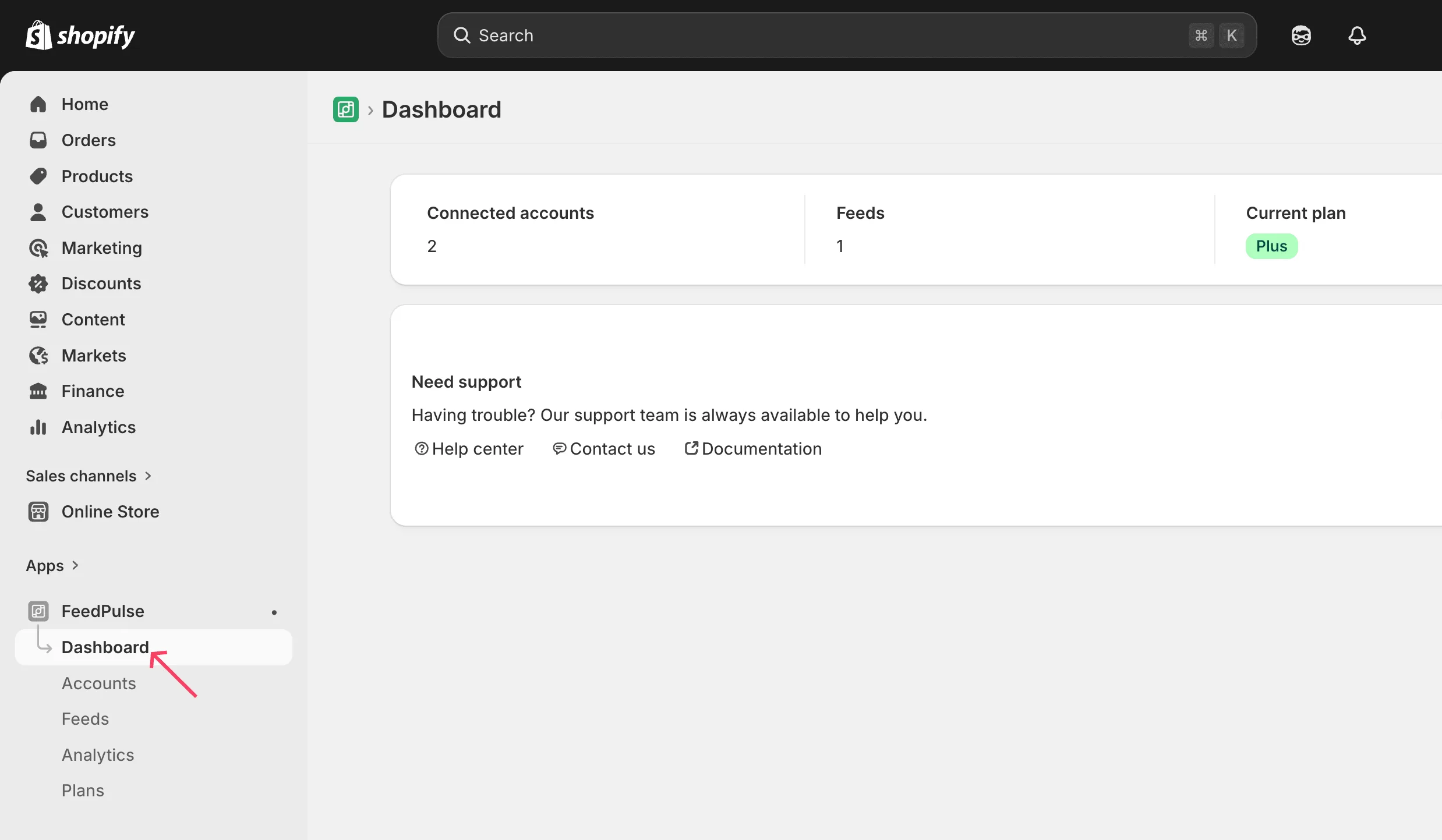 The FeedPulse Dashboard inside Shopify Admin with the sidebar showing Dashboard, Accounts, Feeds, Analytics, and Plans.