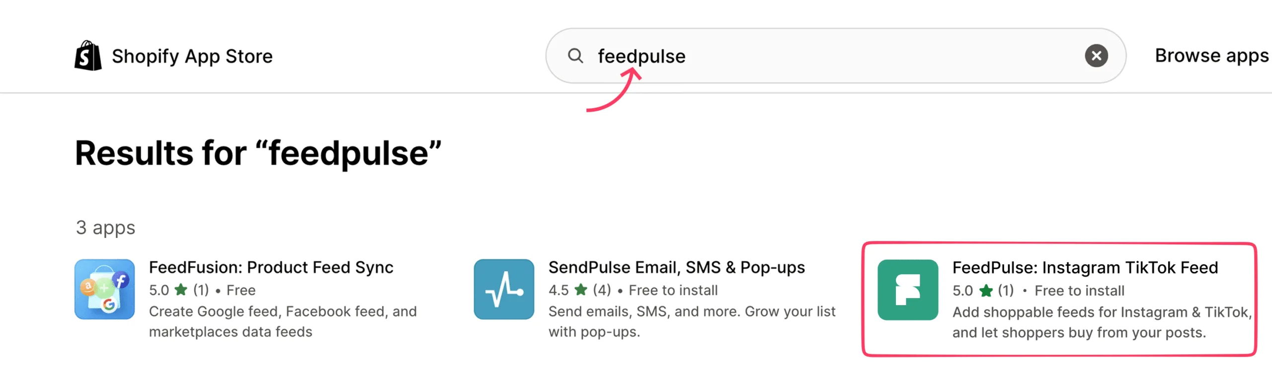 The FeedPulse listing in the Shopify App Store with the Install button highlighted. Open the FeedPulse listing in the Shopify App Store.