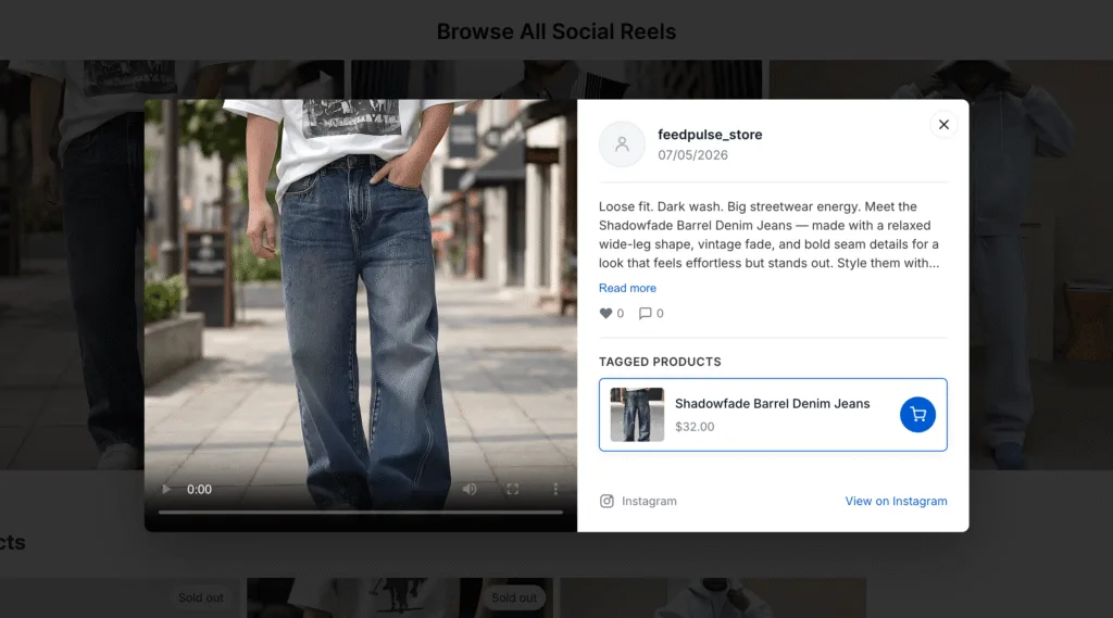 a storefront social feed with a popup open showing a tagged product and its price next to the post. Shoppers tap a post and see the tagged product right away, ready to add to cart.