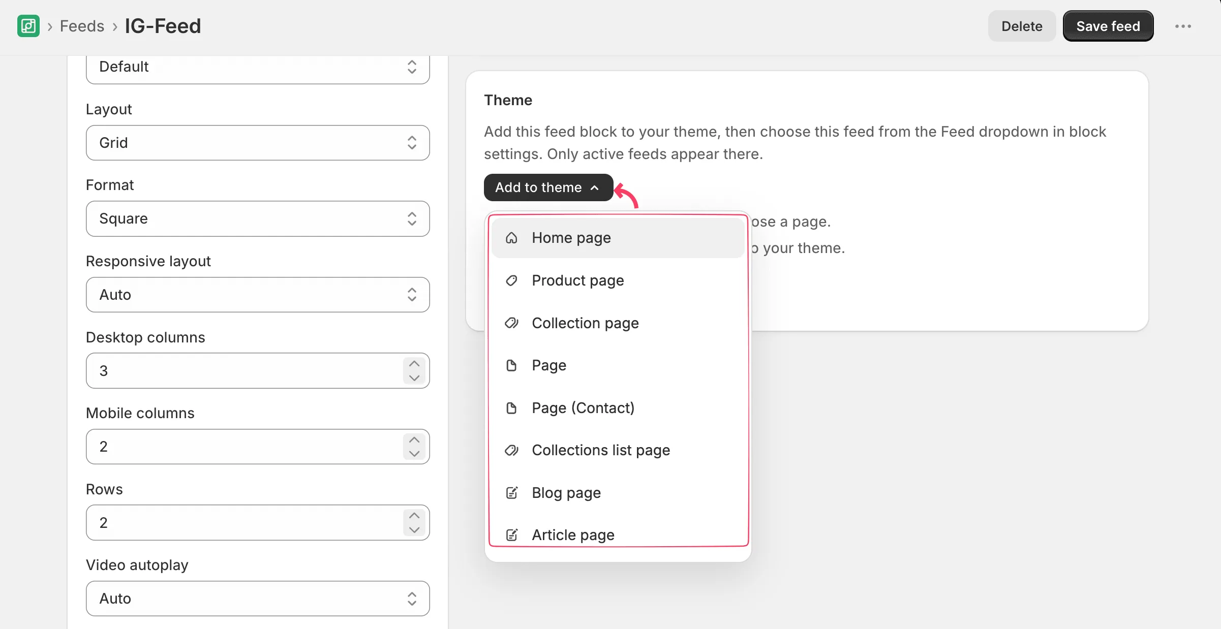 Adding theme from the feed settings page: