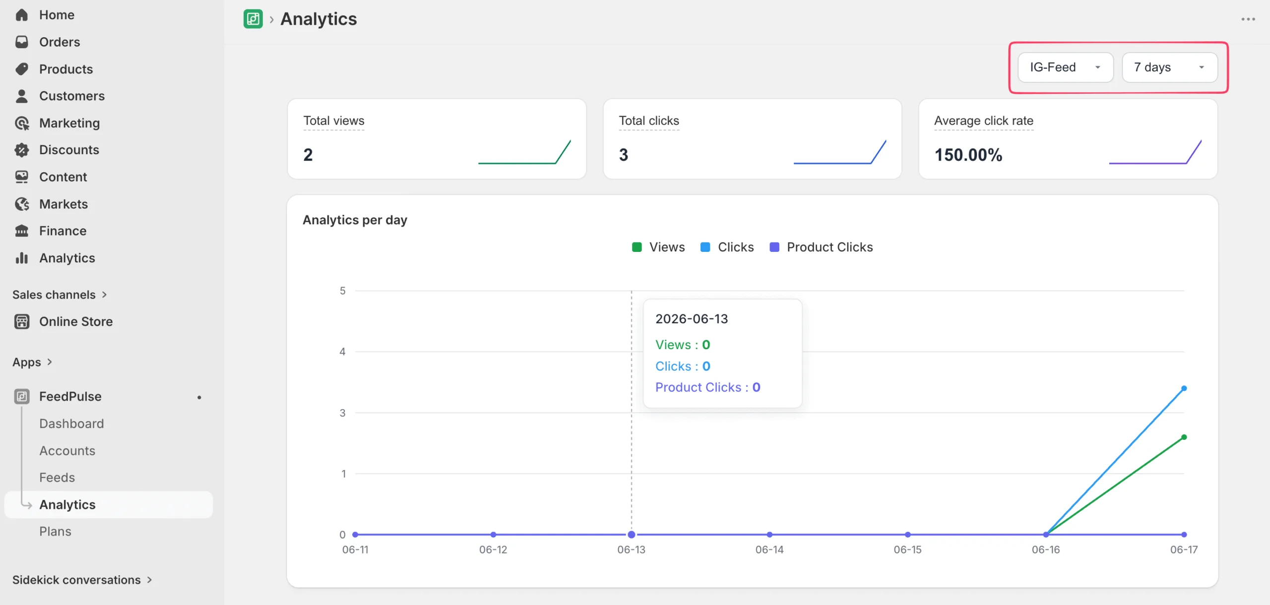 The Analytics tab showing total views, total clicks, and a product clicks chart.The Analytics tab shows your totals and a trend chart.