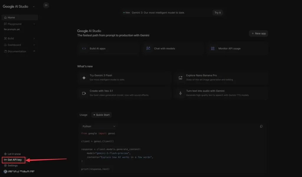 Clicking on Get API Key in Google AI Studio