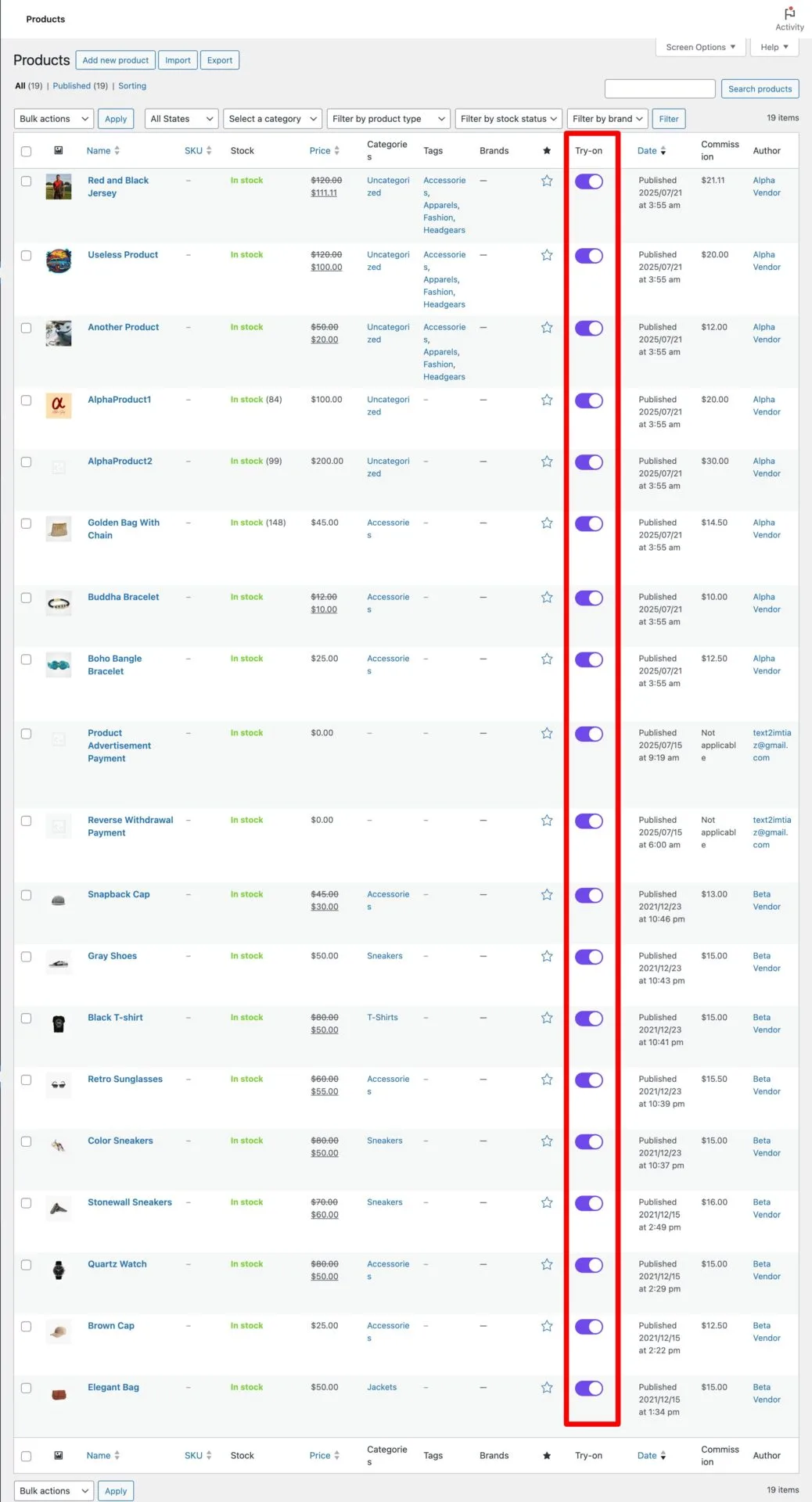 This is a screenshot of bulk try on enabled