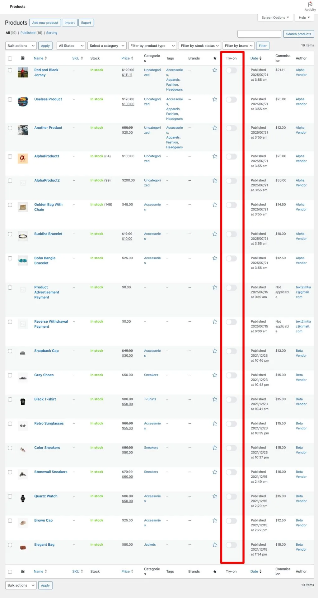 This is a screenshot of Disble bulk product enabled