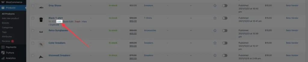 Clicking on Edit Product in WooCommerce All Products