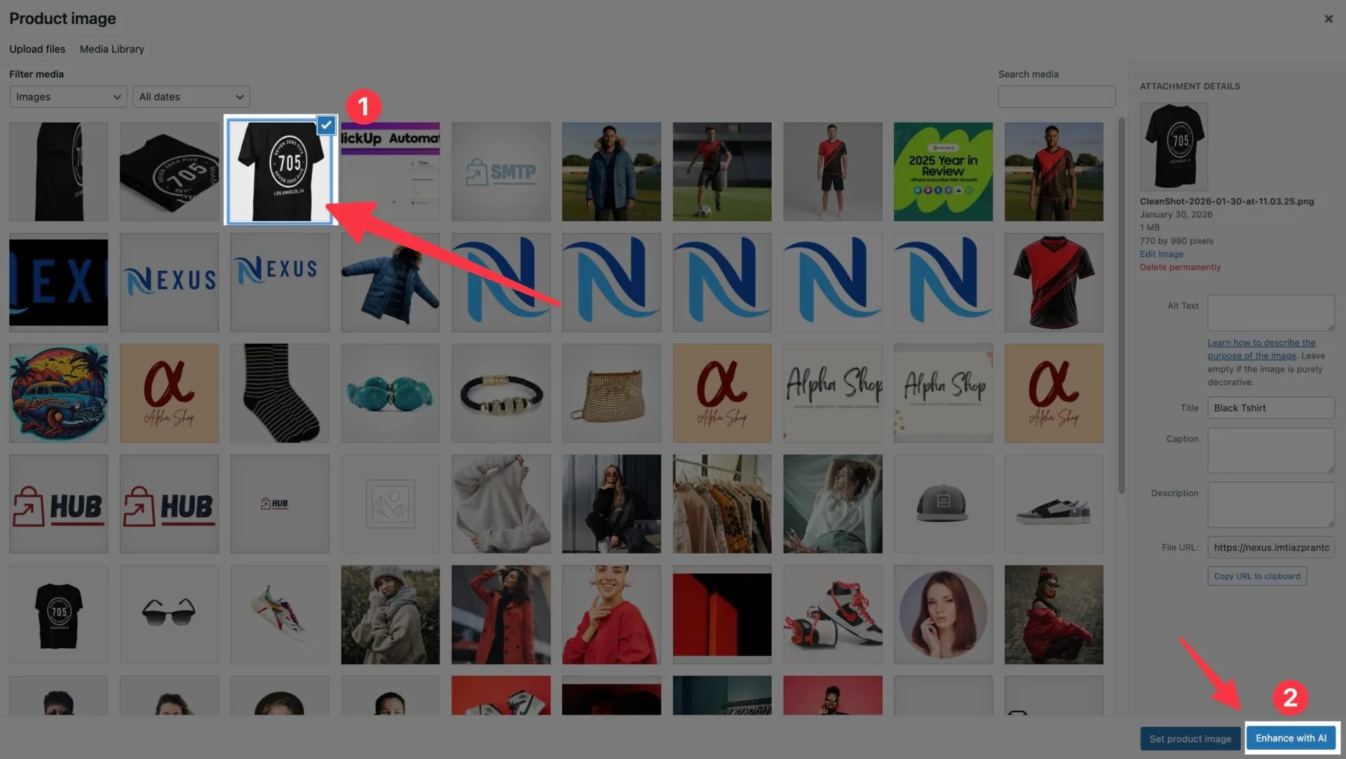 Clicking on Enhance with AI buttonin Product Image Gallery in WooCommerce