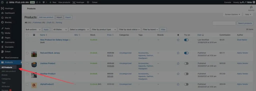 Navigate to All Products in WordPress Admin Dashboard